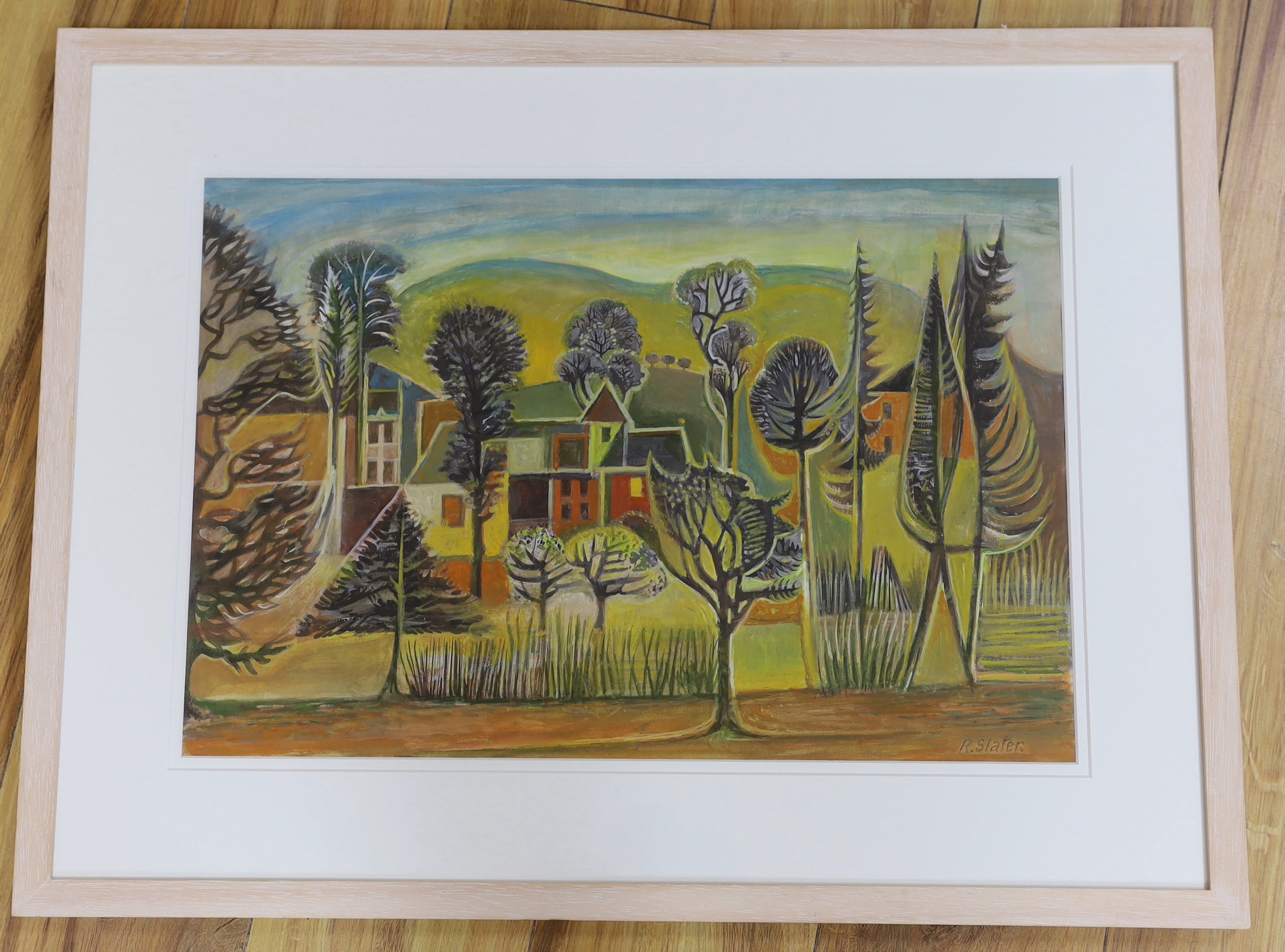 Richard Slater (b.1927), watercolour, 'The Edge of the Village', signed, with 2017 RI Exhibition label verso, 34 x 51cm